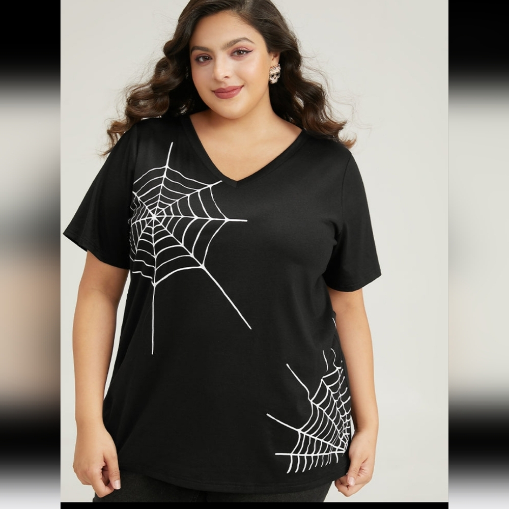 NWT 4X 28W Spider Print V Neck Black Tee K-1130 - Picture 3 of 12